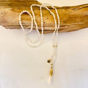 Moonstone Astrological Mala Necklace with Tassel, 30" – Healing Gem Jewelry for Intuition and Emotional Balance