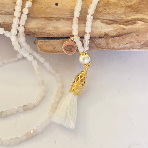 Moonstone Astrological Mala Necklace with Tassel, 30" – Healing Gem Jewelry for Intuition and Emotional Balance